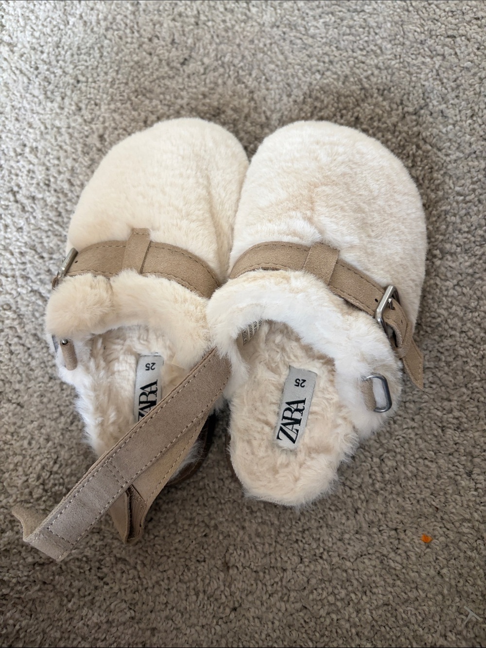 ZARA Kids Cream Faux-Fur Buckle Slippers